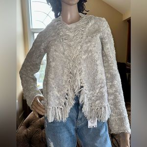 Chico’s Cardigan Sweater Light Gray With Decorative Fringes Sz S/M EUC